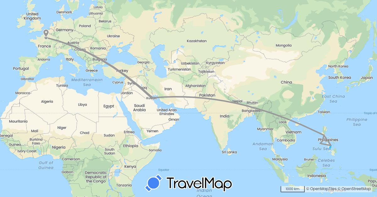 TravelMap itinerary: driving, plane, boat in France, Kuwait, Philippines (Asia, Europe)